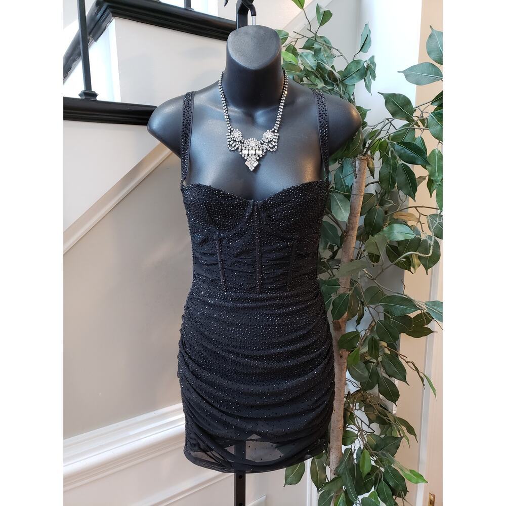 Oh Polly Mini Bodycon Dress Women's Size 4 Black Sheer Embellished Scoop Neck